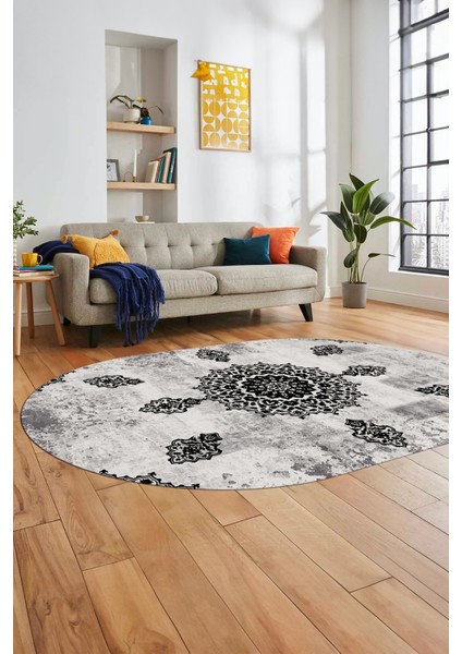 Baskılı Kaymaz Yıkanabilir Oval Koridor Halısı Mutfak Halısı Salon Halısı O-Modern-45-Siyah fırsatları