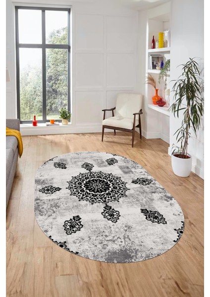 Baskılı Kaymaz Yıkanabilir Oval Koridor Halısı Mutfak Halısı Salon Halısı O-Modern-45-Siyah indirimleri