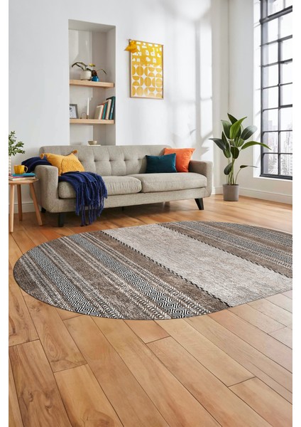 Kilim Desen Özel Tasarım Dijital Kaymaz Yıkanabilir Oval Yolluk Salon Halısı O-Modern-83-Kahve
