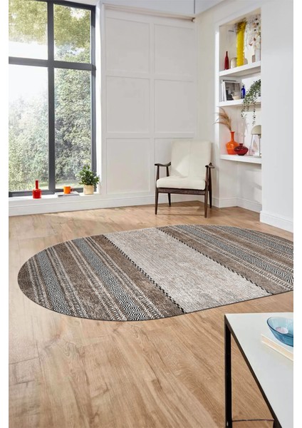 Kilim Desen Özel Tasarım Dijital Kaymaz Yıkanabilir Oval Yolluk Salon Halısı O-Modern-83-Kahve modelleri