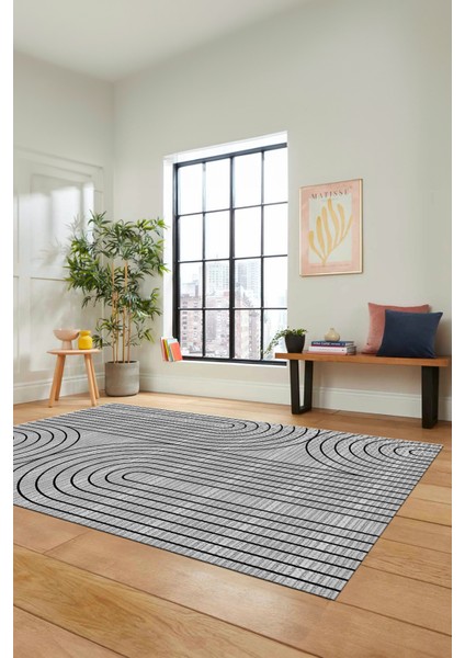 Sade Desen Baskılı Kaymaz Taban Yıkanabilir Modern Yolluk Salon Halısı MODERN-110-GRİ