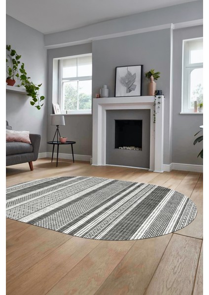 Modern Kilim Desenli Dijital Kaymaz Yıkanabilir Oval Yolluk Mutfak Salon Halısı O-Modern-36-Gri fiyatları