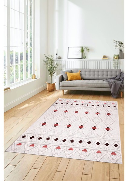 Baskılı Kaymaz Yıkanabilir Şık Kilim Desen Yolluk Mutfak Halısı Salon Halısı Modern-65-Pembe