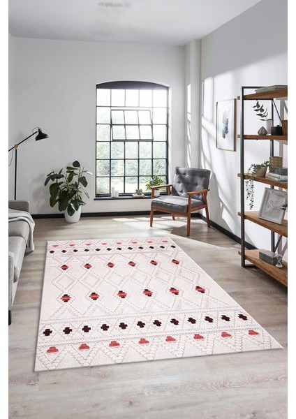 Baskılı Kaymaz Yıkanabilir Şık Kilim Desen Yolluk Mutfak Halısı Salon Halısı Modern-65-Pembe