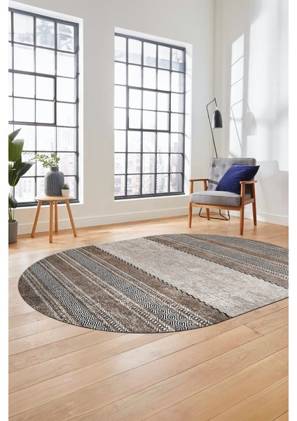 Kilim Desen Özel Tasarım Dijital Kaymaz Yıkanabilir Oval Yolluk Salon Halısı O-Modern-83-Kahve indirimleri