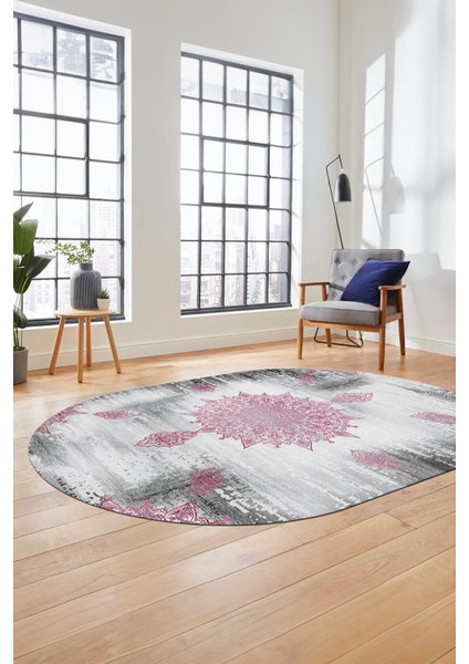 Baskılı Kaymaz Taban Yıkanabilir Göbekli Modern Yolluk Mutfak Oval Salon Halısı O-Modern-06-Pembe fiyatları