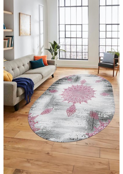 Baskılı Kaymaz Taban Yıkanabilir Göbekli Modern Yolluk Mutfak Oval Salon Halısı O-Modern-06-Pembe indirimleri