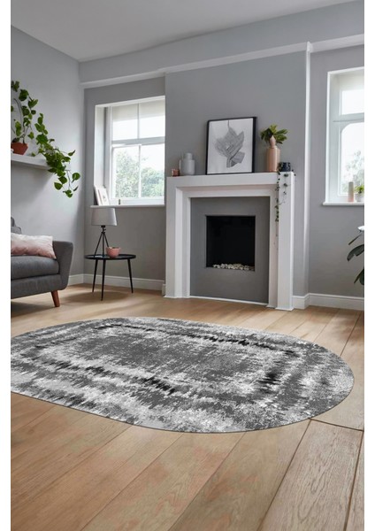 Modern Sade Desenli Dijital Kaymaz Yıkanabilir Oval Yolluk Salon Halısı O-Modern-37-Gri fiyatları