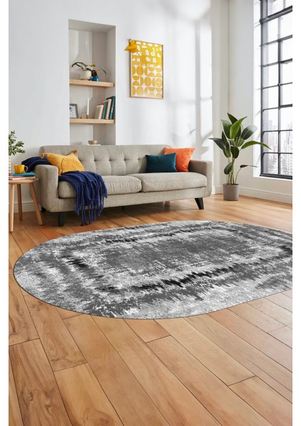 Modern Sade Desenli Dijital Kaymaz Yıkanabilir Oval Yolluk Salon Halısı O-Modern-37-Gri fırsatları