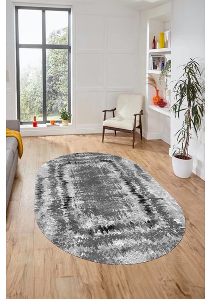 Modern Sade Desenli Dijital Kaymaz Yıkanabilir Oval Yolluk Salon Halısı O-Modern-37-Gri indirimleri