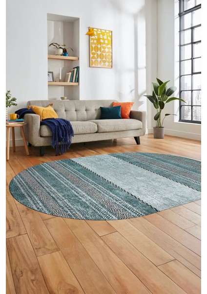 Kilim Desen Özel Tasarım Dijital Kaymaz Yıkanabilir Oval Yolluk Salon Halısı O-Modern-83-Turkuaz