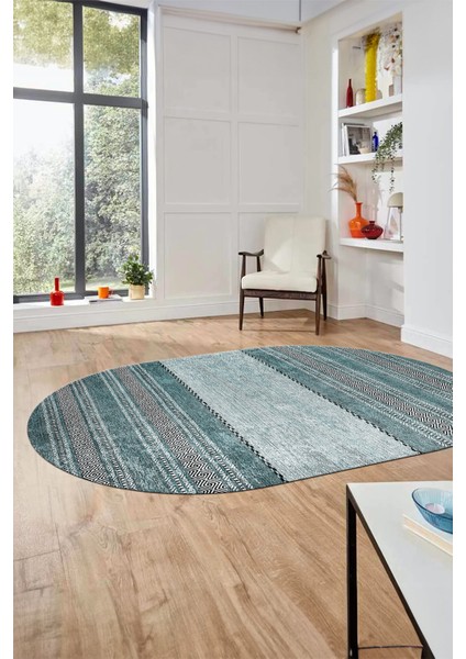 Kilim Desen Özel Tasarım Dijital Kaymaz Yıkanabilir Oval Yolluk Salon Halısı O-Modern-83-Turkuaz modelleri