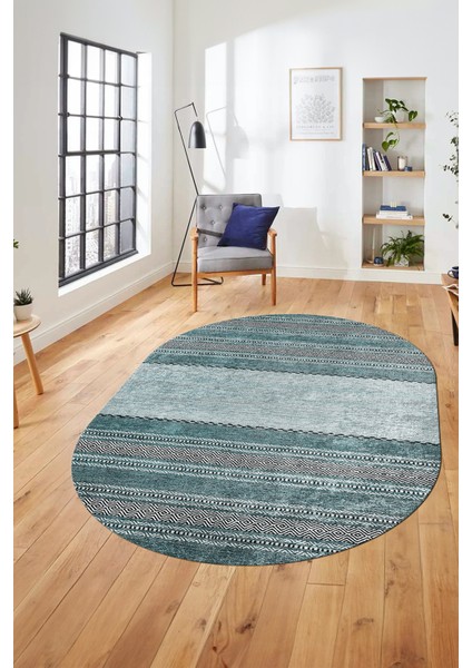 Kilim Desen Özel Tasarım Dijital Kaymaz Yıkanabilir Oval Yolluk Salon Halısı O-Modern-83-Turkuaz fırsatları