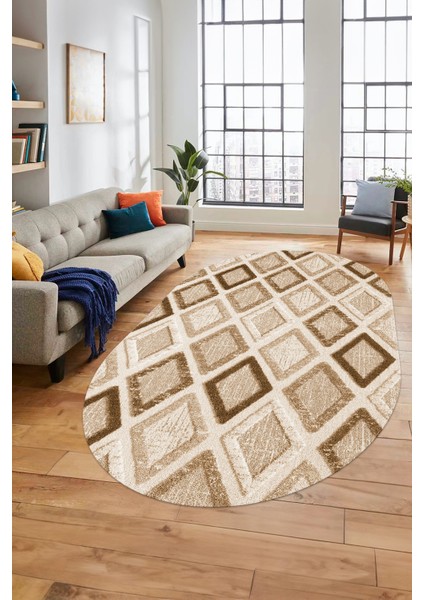 Baskılı Kaymaz Yıkanabilir Baklava Desen Oval Yolluk Halısı Salon Halısı O-Modern-66-Kahve
