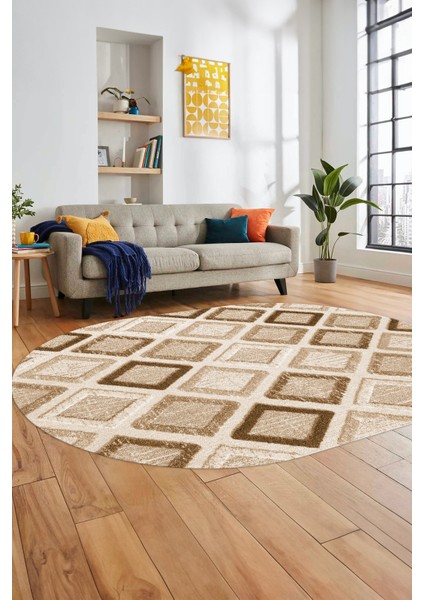 Baskılı Kaymaz Yıkanabilir Baklava Desen Oval Yolluk Halısı Salon Halısı O-Modern-66-Kahve fiyatları