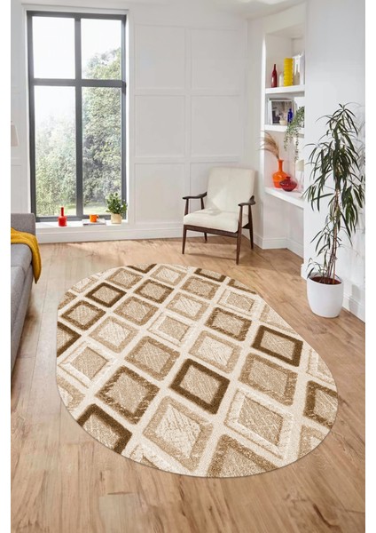 Baskılı Kaymaz Yıkanabilir Baklava Desen Oval Yolluk Halısı Salon Halısı O-Modern-66-Kahve modelleri