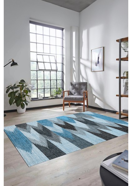 Renkli Desen Baskılı Kaymaz Taban Yıkanabilir Modern Yolluk Salon Halısı MODERN-104-MAVİ
