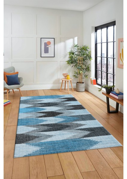 Renkli Desen Baskılı Kaymaz Taban Yıkanabilir Modern Yolluk Salon Halısı MODERN-104-MAVİ