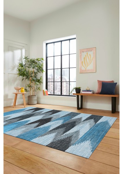 Renkli Desen Baskılı Kaymaz Taban Yıkanabilir Modern Yolluk Salon Halısı MODERN-104-MAVİ