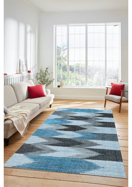 Renkli Desen Baskılı Kaymaz Taban Yıkanabilir Modern Yolluk Salon Halısı MODERN-104-MAVİ