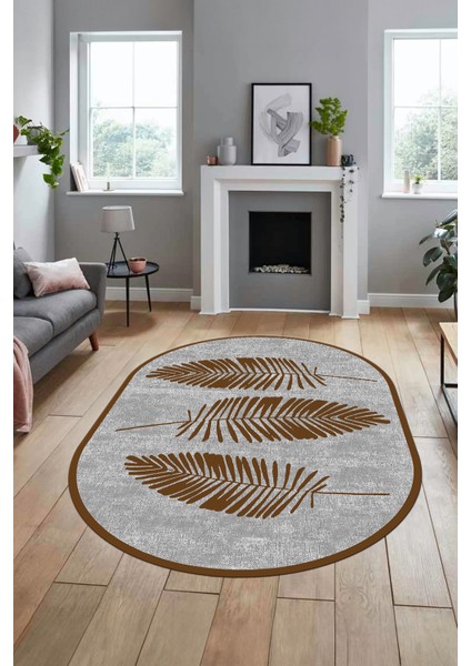 Baskılı Kaymaz Yıkanabilir Modern Yaprak Desen Oval Yolluk Mutfak Salon Halısı O-Modern-41-Kahve