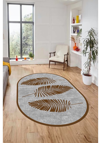 Baskılı Kaymaz Yıkanabilir Modern Yaprak Desen Oval Yolluk Mutfak Salon Halısı O-Modern-41-Kahve indirimleri