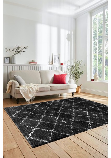 Baskılı Kaymaz Yıkanabilir Kilim Desen Yolluk Mutfak Halısı Salon Halısı Modern-57-Antrasit