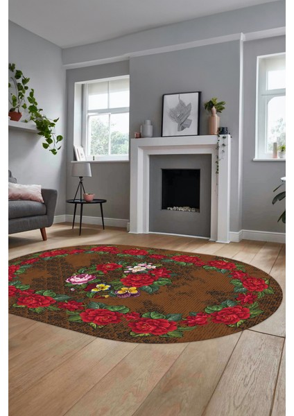Modern Çiçek Dijital Kaymaz Yıkanabilir Oval Yolluk Mutfak Salon Halısı O-Modern-21-Kahve modelleri