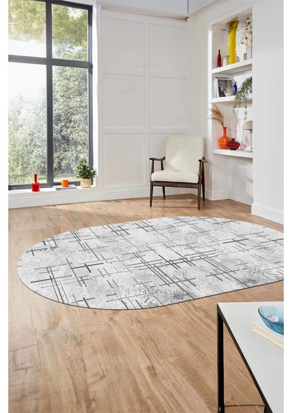 Sade Desen Modern Dijital Kaymaz Yıkanabilir Oval Yolluk Mutfak Salon Halısı O-Modern-89-Gri