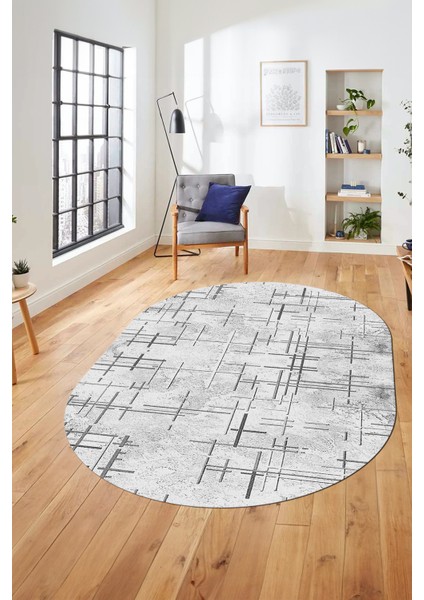 Sade Desen Modern Dijital Kaymaz Yıkanabilir Oval Yolluk Mutfak Salon Halısı O-Modern-89-Gri