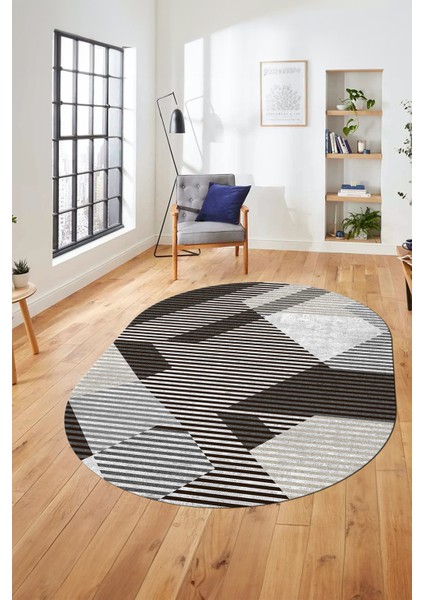Baskılı Kaymaz Taban Yıkanabilir Şık Modern Yolluk Mutfak Oval Salon Halısı O-Modern-09-Kahve