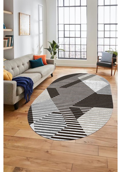Baskılı Kaymaz Taban Yıkanabilir Şık Modern Yolluk Mutfak Oval Salon Halısı O-Modern-09-Kahve indirimleri