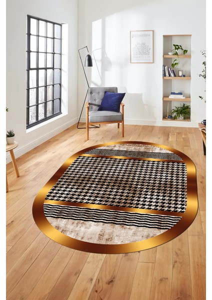 Baskılı Kaymaz Taban Yıkanabilir Sade Modern Yolluk Mutfak Oval Salon Halısı O-Modern-10-Kahve