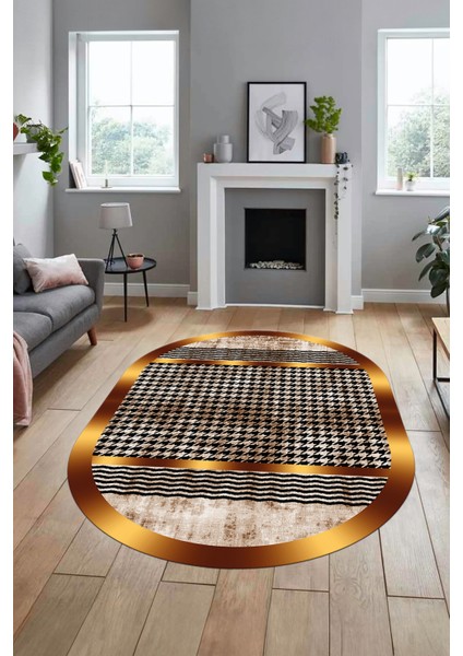 Baskılı Kaymaz Taban Yıkanabilir Sade Modern Yolluk Mutfak Oval Salon Halısı O-Modern-10-Kahve modelleri