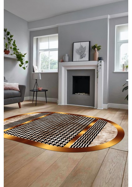 Baskılı Kaymaz Taban Yıkanabilir Sade Modern Yolluk Mutfak Oval Salon Halısı O-Modern-10-Kahve fırsatları