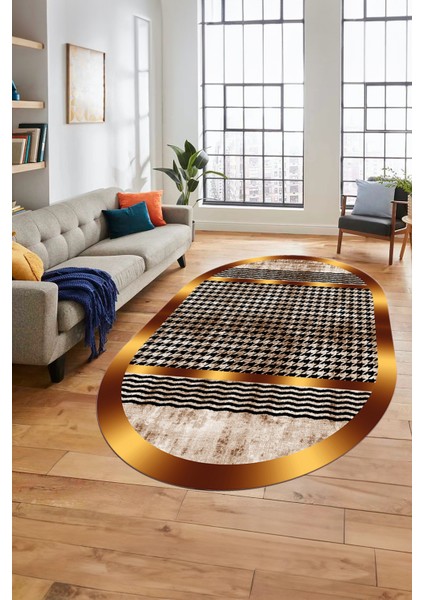 Baskılı Kaymaz Taban Yıkanabilir Sade Modern Yolluk Mutfak Oval Salon Halısı O-Modern-10-Kahve indirimleri