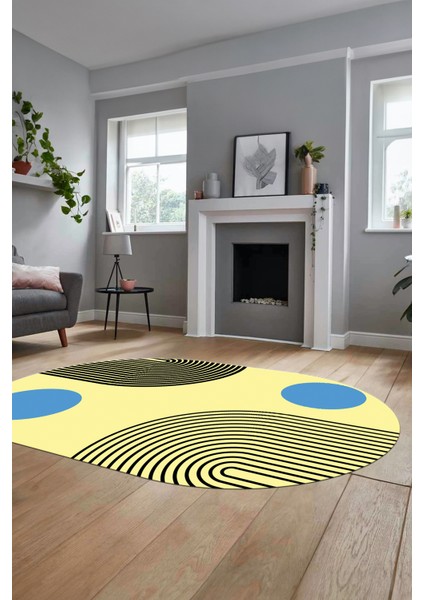 Baskılı Kaymaz Yıkanabilir Oval Koridor Halısı Mutfak Halısı Salon Halısı O-Modern-52-Mavi