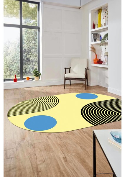 Baskılı Kaymaz Yıkanabilir Oval Koridor Halısı Mutfak Halısı Salon Halısı O-Modern-52-Mavi indirimleri