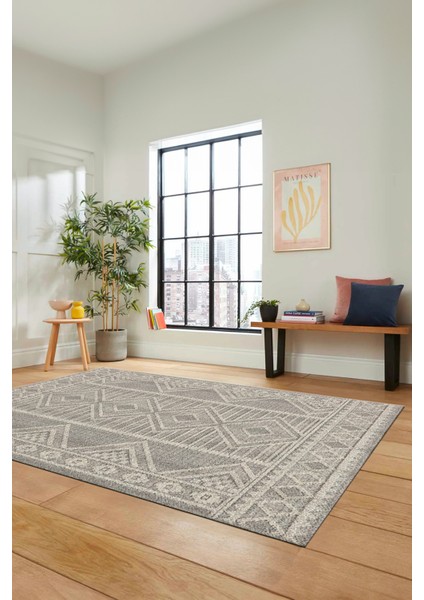 Kilim Desen Baskılı Kaymaz Taban Yıkanabilir Modern Yolluk Salon Halısı MODERN-108-BEJ