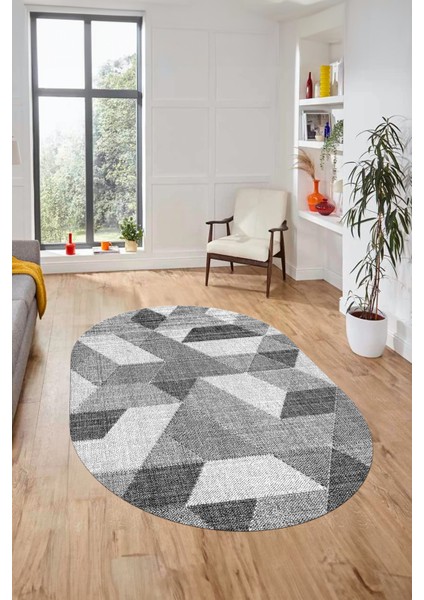 Baskılı Kaymaz Taban Yıkanabilir Modern Şık Oval Yolluk Mutfak Salon Halısı O-Modern-96-Gri