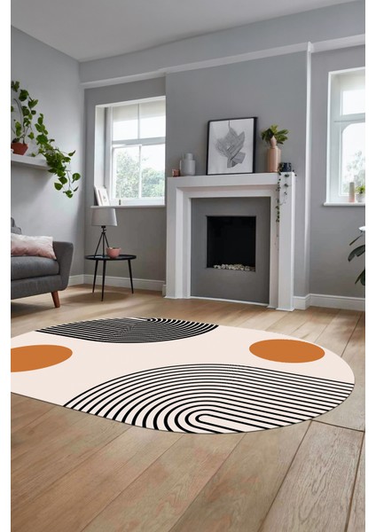 Baskılı Kaymaz Yıkanabilir Oval Koridor Halısı Mutfak Halısı Salon Halısı O-Modern-52-Turuncu
