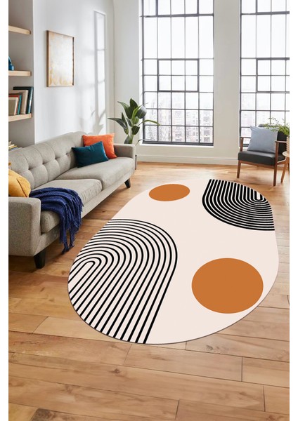 Baskılı Kaymaz Yıkanabilir Oval Koridor Halısı Mutfak Halısı Salon Halısı O-Modern-52-Turuncu fiyatları