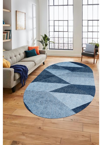 Baskılı Kaymaz Yıkanabilir Modern Oval Koridor Halısı Mutfak Halısı Salon Halısı O-Modern-54-Mavi fiyatları