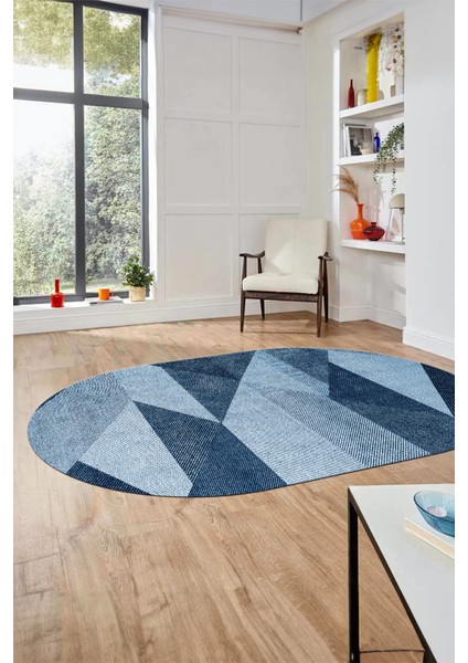 Baskılı Kaymaz Yıkanabilir Modern Oval Koridor Halısı Mutfak Halısı Salon Halısı O-Modern-54-Mavi indirimleri
