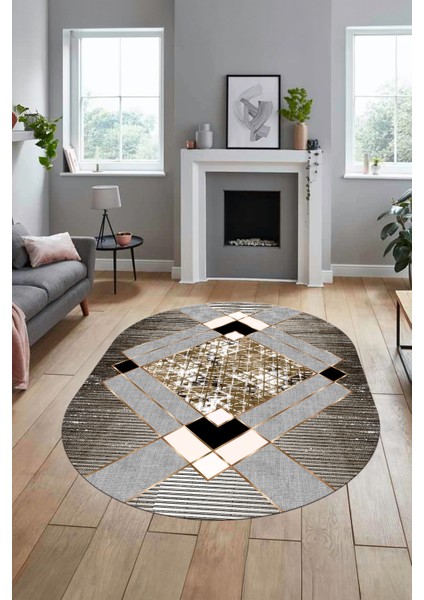 Şık Modern Desenli Dijital Kaymaz Yıkanabilir Oval Yolluk Mutfak Salon Halısı O-Modern-12-Kahve modelleri