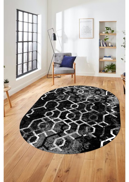 Baskılı Kaymaz Taban Yıkanabilir Şık Modern Yolluk Mutfak Oval Salon Halısı O-Modern-03-Antrasit
