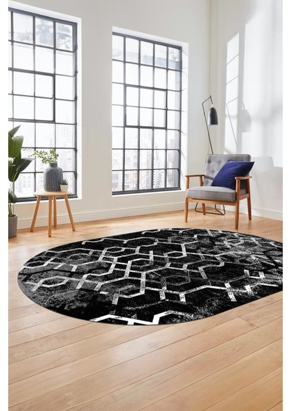 Baskılı Kaymaz Taban Yıkanabilir Şık Modern Yolluk Mutfak Oval Salon Halısı O-Modern-03-Antrasit fiyatları