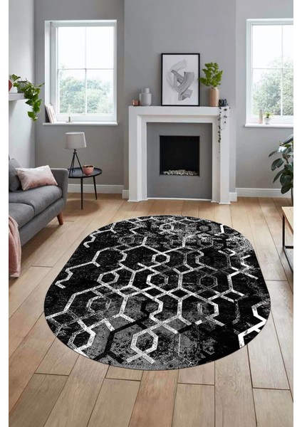 Baskılı Kaymaz Taban Yıkanabilir Şık Modern Yolluk Mutfak Oval Salon Halısı O-Modern-03-Antrasit modelleri