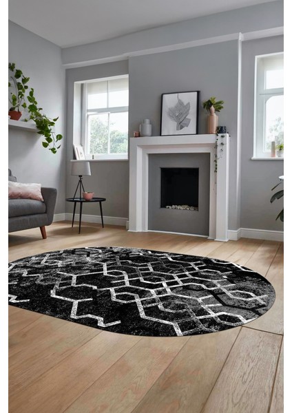 Baskılı Kaymaz Taban Yıkanabilir Şık Modern Yolluk Mutfak Oval Salon Halısı O-Modern-03-Antrasit fırsatları