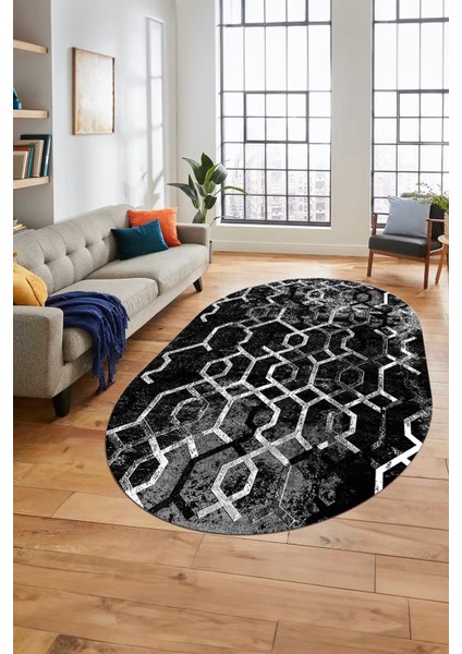 Baskılı Kaymaz Taban Yıkanabilir Şık Modern Yolluk Mutfak Oval Salon Halısı O-Modern-03-Antrasit indirimleri